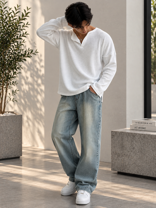 Essential Oversized Waffle Henley T-Shirt – White