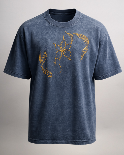 Blue Acid Wash Oversized T-Shirt with Bird Embroidery