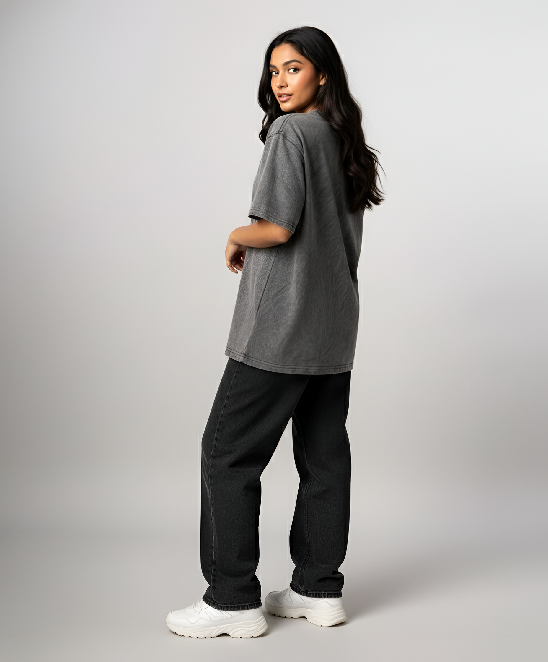 Charcoal Acid Wash Unisex Oversized T-Shirt with Bird Embroidery