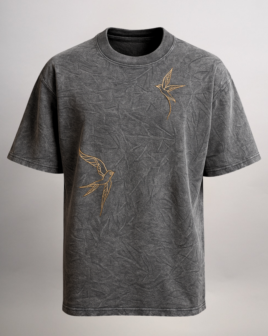 Charcoal Acid Wash Oversized T-Shirt with Bird Embroidery