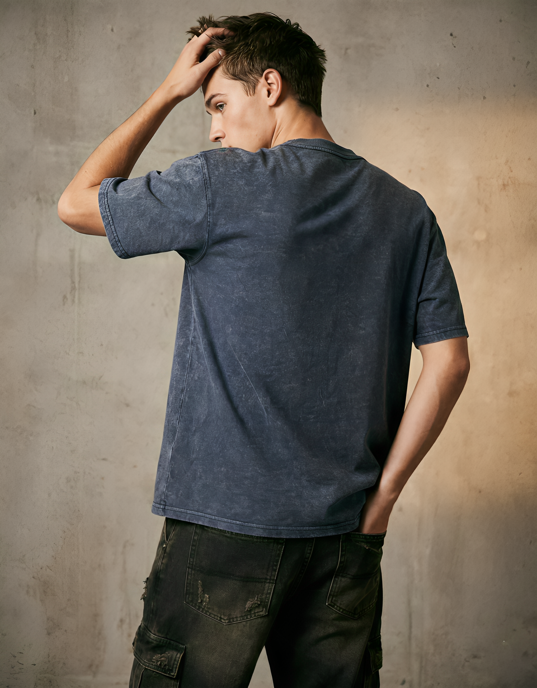 Blue Acid Wash Unisex Oversized T-Shirt with Bird Embroidery