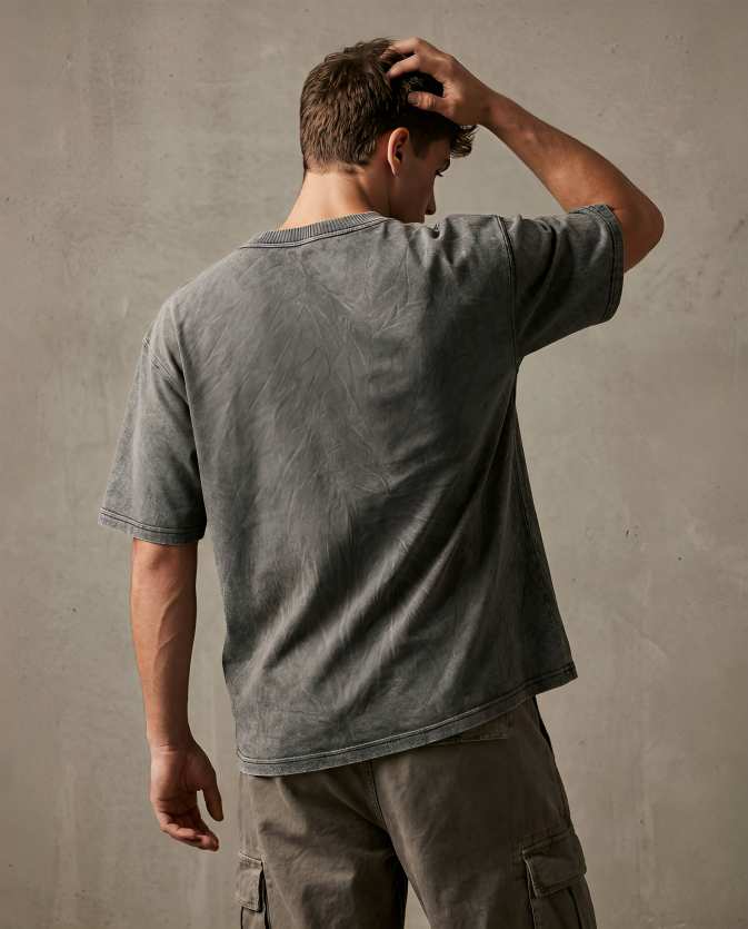 Charcoal Acid Wash Unisex Oversized T-Shirt with Bird Embroidery