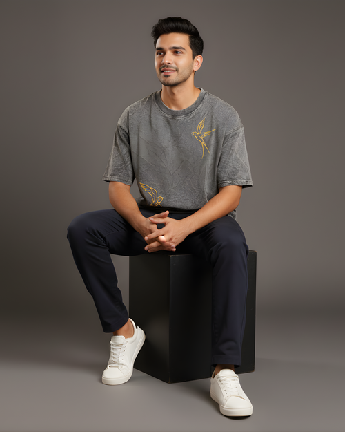 Charcoal Acid Wash Unisex Oversized T-Shirt with Bird Embroidery