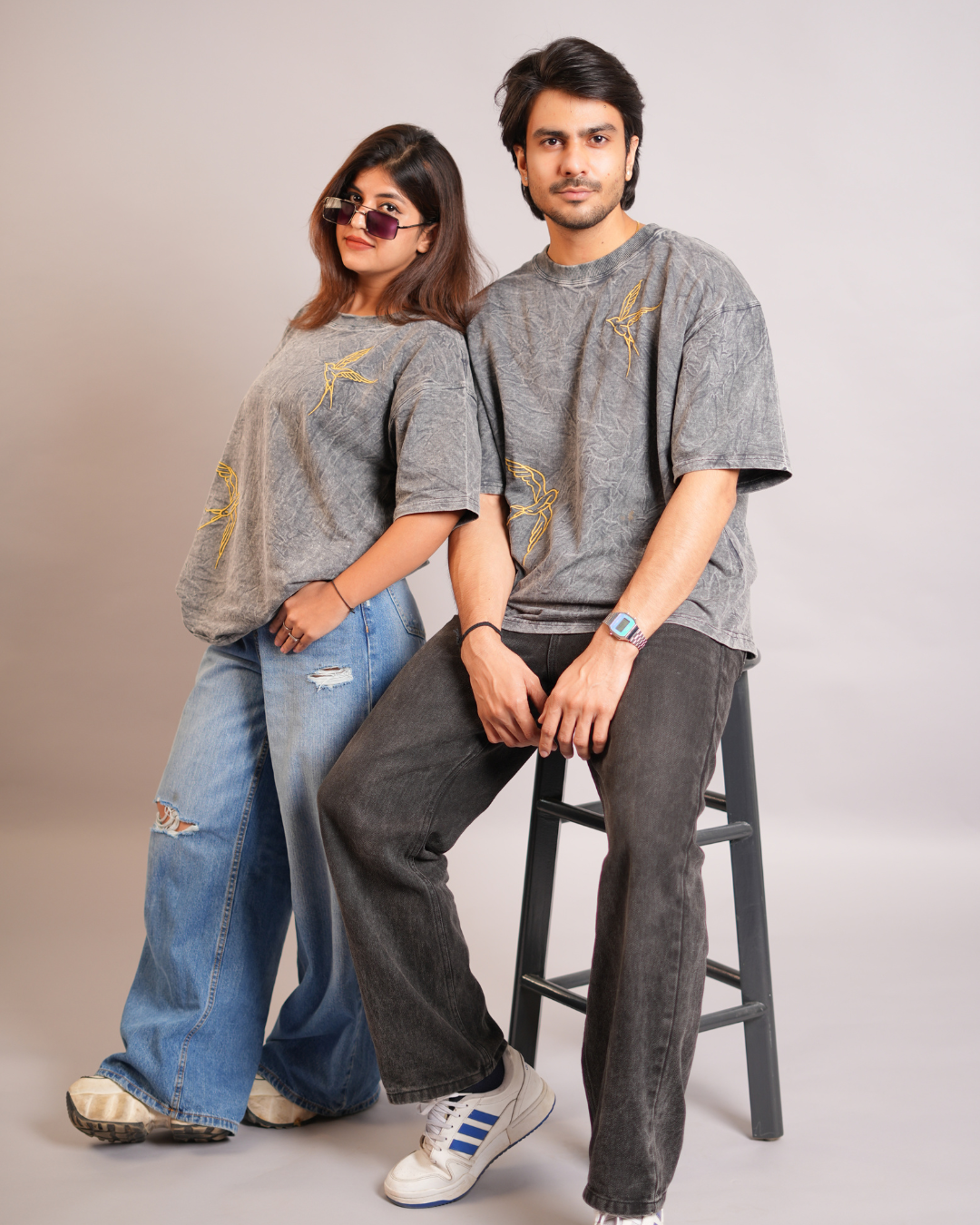 Charcoal Acid Wash Oversized T-Shirt with Bird Embroidery
