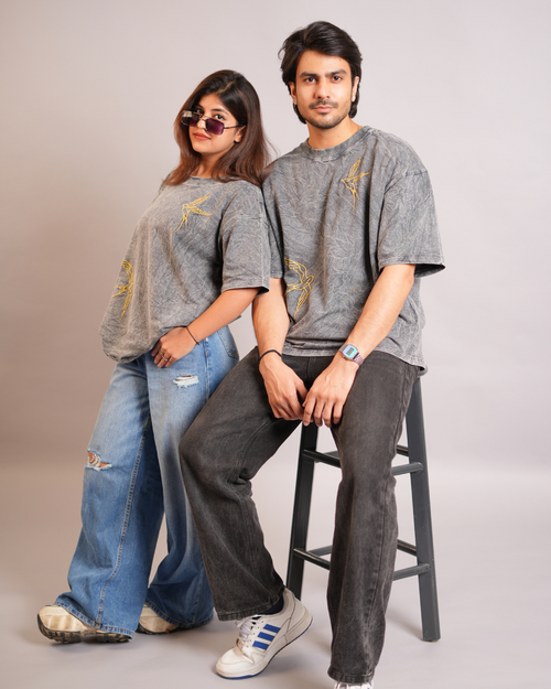 Charcoal Acid Wash Unisex Oversized T-Shirt with Bird Embroidery