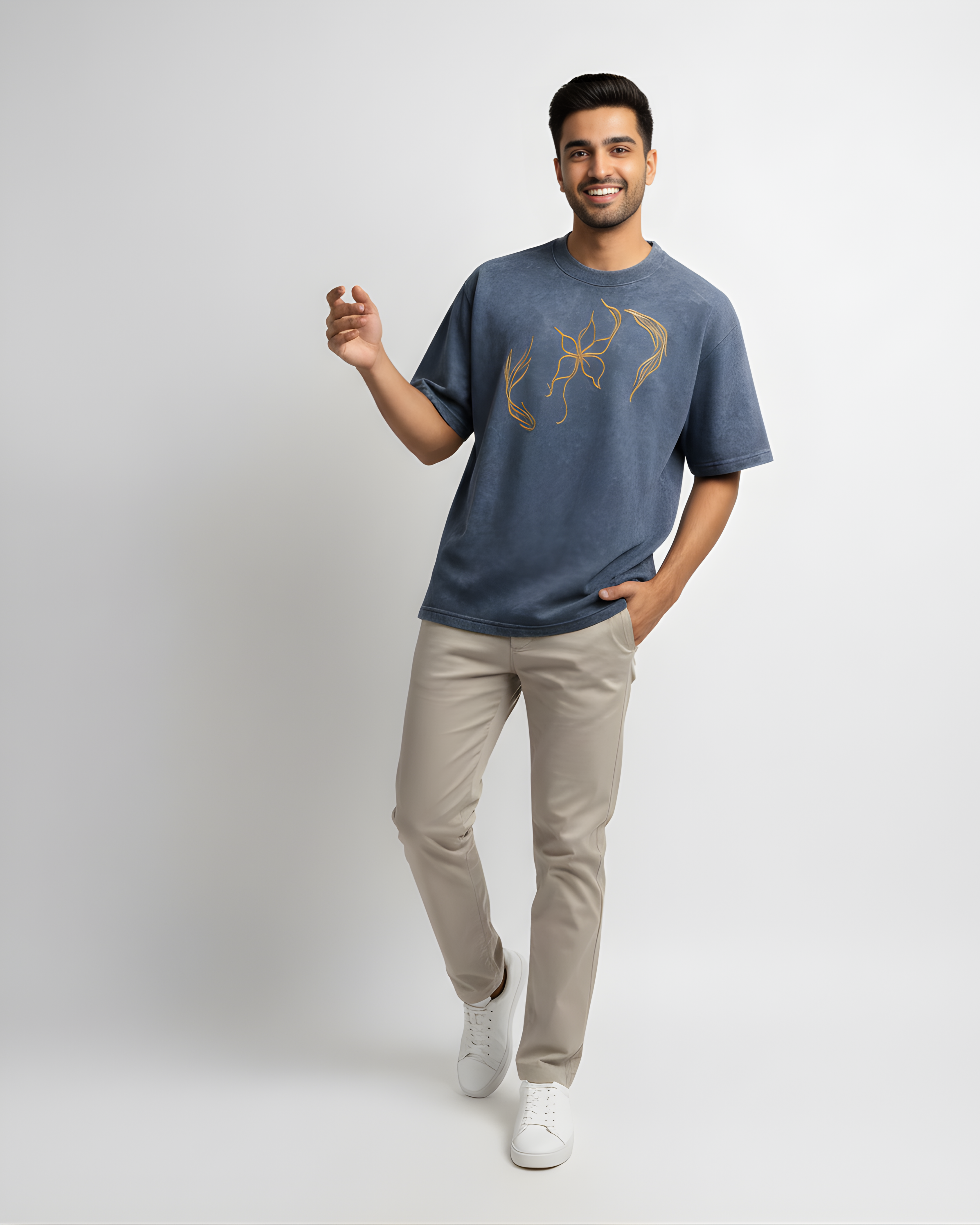 Blue Acid Wash Unisex Oversized T-Shirt with Bird Embroidery