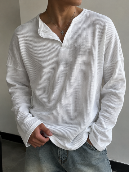 Essential Oversized Waffle Henley T-Shirt – White