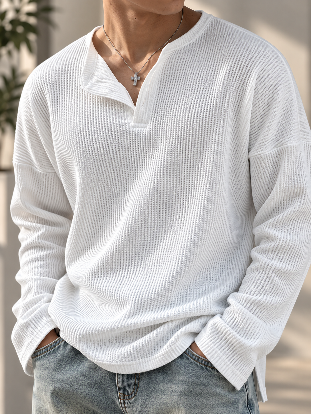 Essential Oversized Waffle Henley T-Shirt – White
