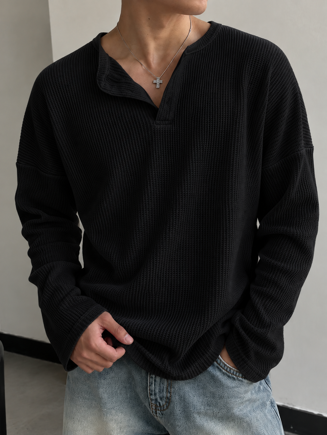 Essential Oversized Waffle Henley T-Shirt – White