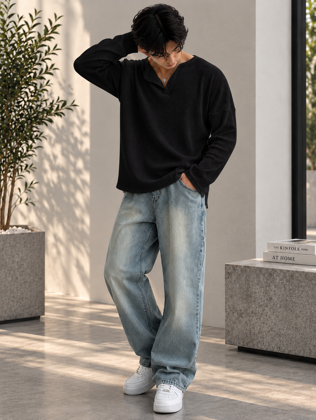 Essential Oversized Waffle Henley T-Shirt – White