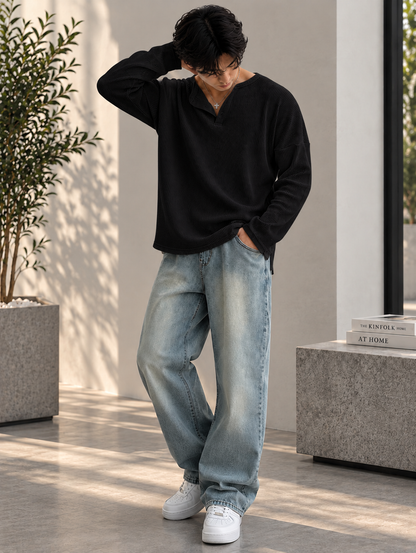 Essential Oversized Waffle Henley T-Shirt – White