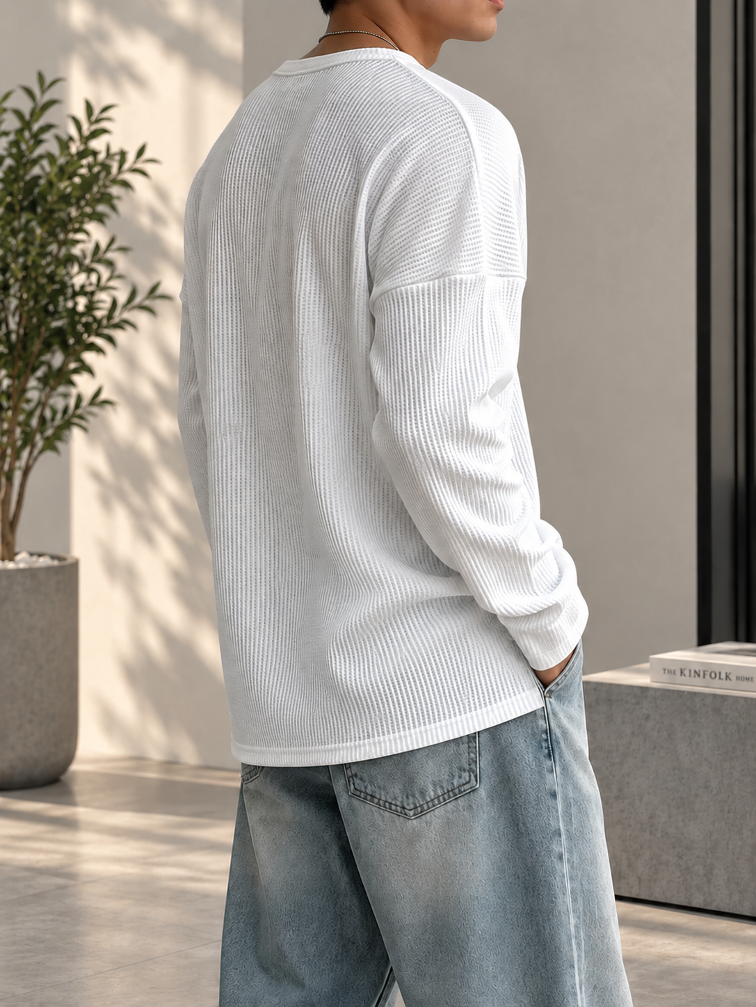 Essential Oversized Waffle Henley T-Shirt – White