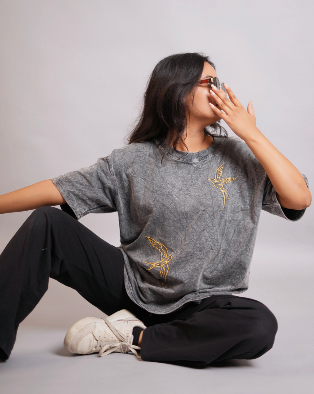 Charcoal Acid Wash Oversized T-Shirt with Bird Embroidery