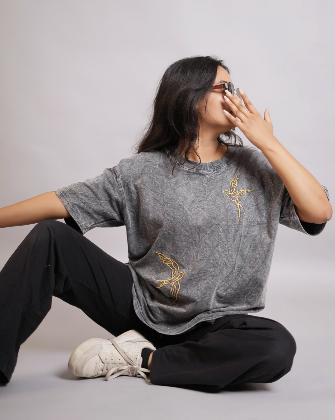 Charcoal Acid Wash Oversized T-Shirt with Bird Embroidery