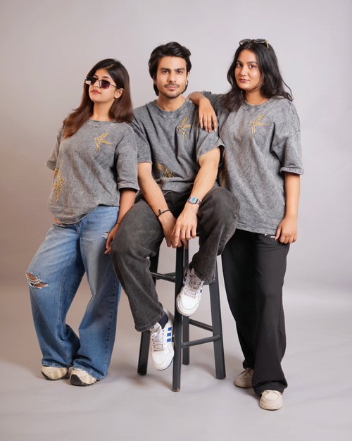 Charcoal Acid Wash Unisex Oversized T-Shirt with Bird Embroidery