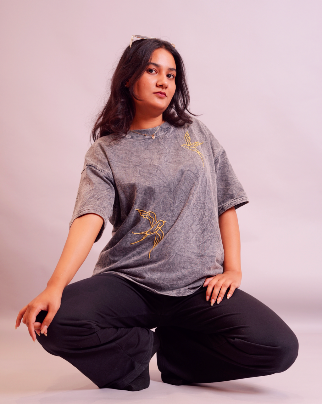 Charcoal Acid Wash Oversized T-Shirt with Bird Embroidery