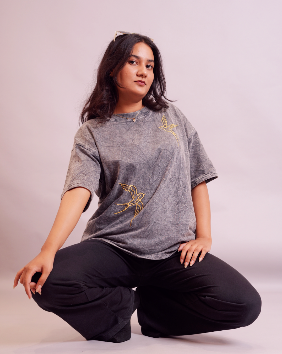 Charcoal Acid Wash Oversized T-Shirt with Bird Embroidery