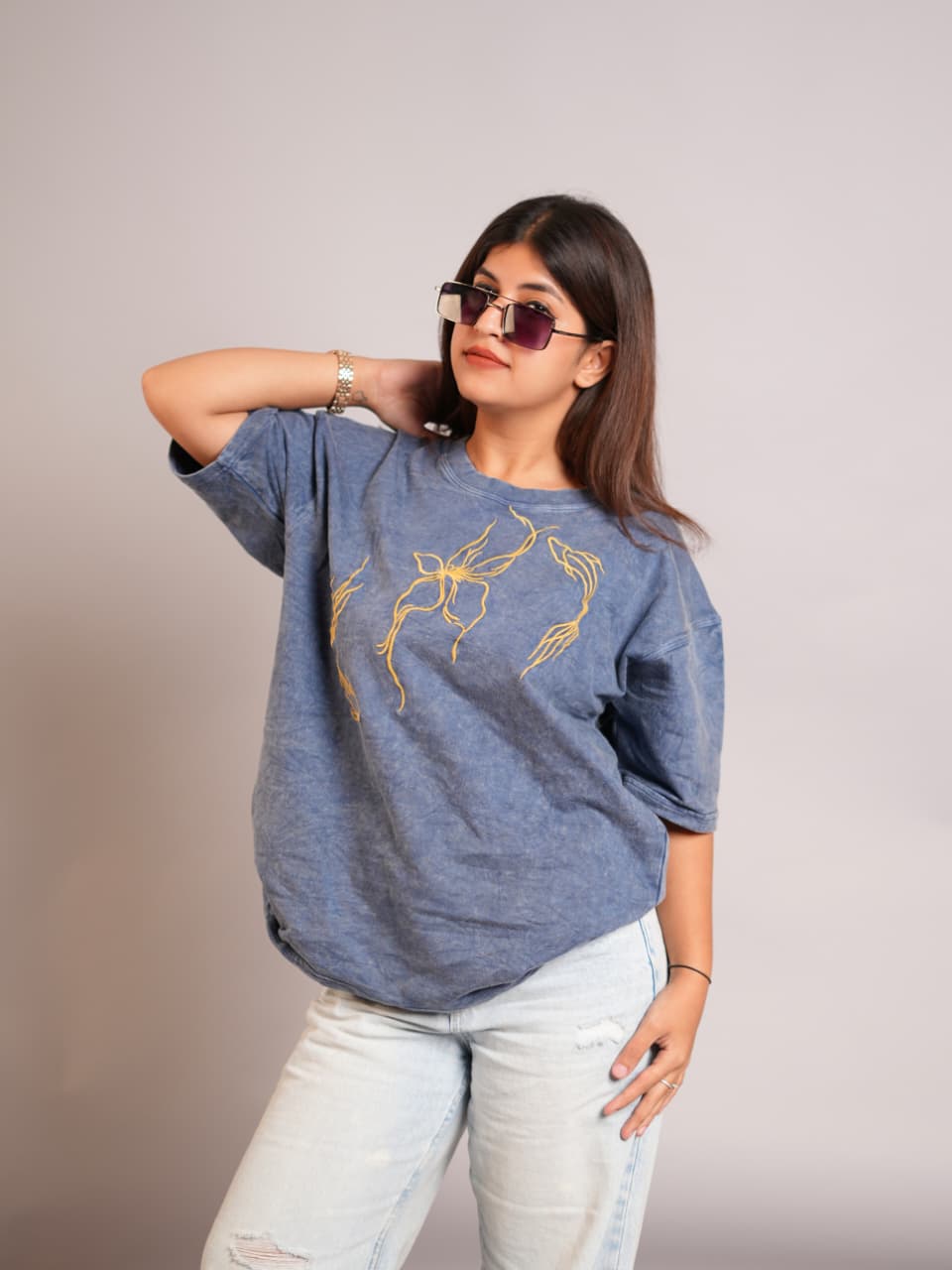 Blue Acid Wash Oversized T-Shirt with Bird Embroidery