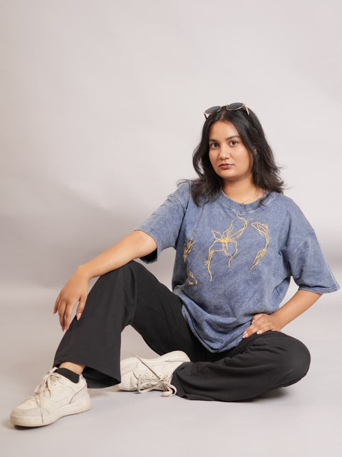 Blue Acid Wash Unisex Oversized T-Shirt with Bird Embroidery